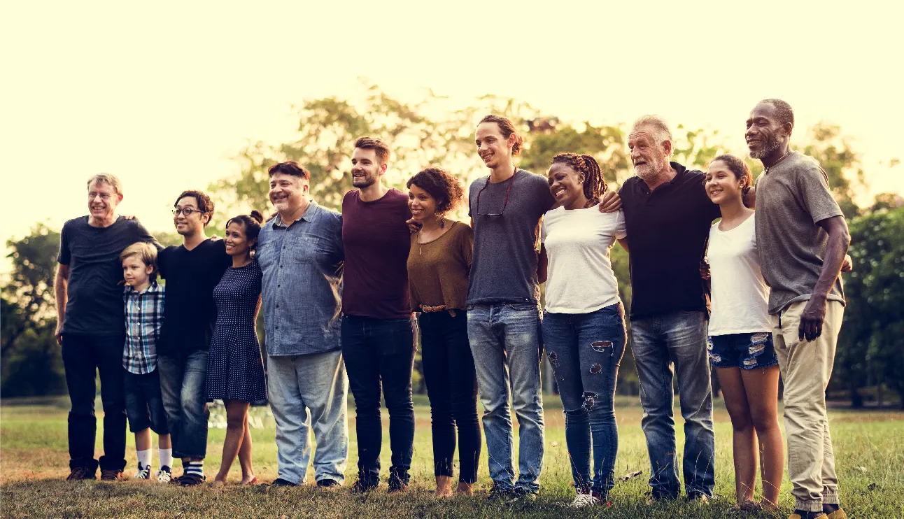 diverse people standing shoulder to shoulder